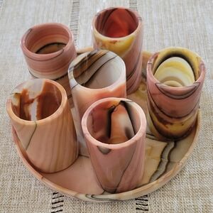 6 Stone Shot Glasses + Tray Set Beautiful Vintage